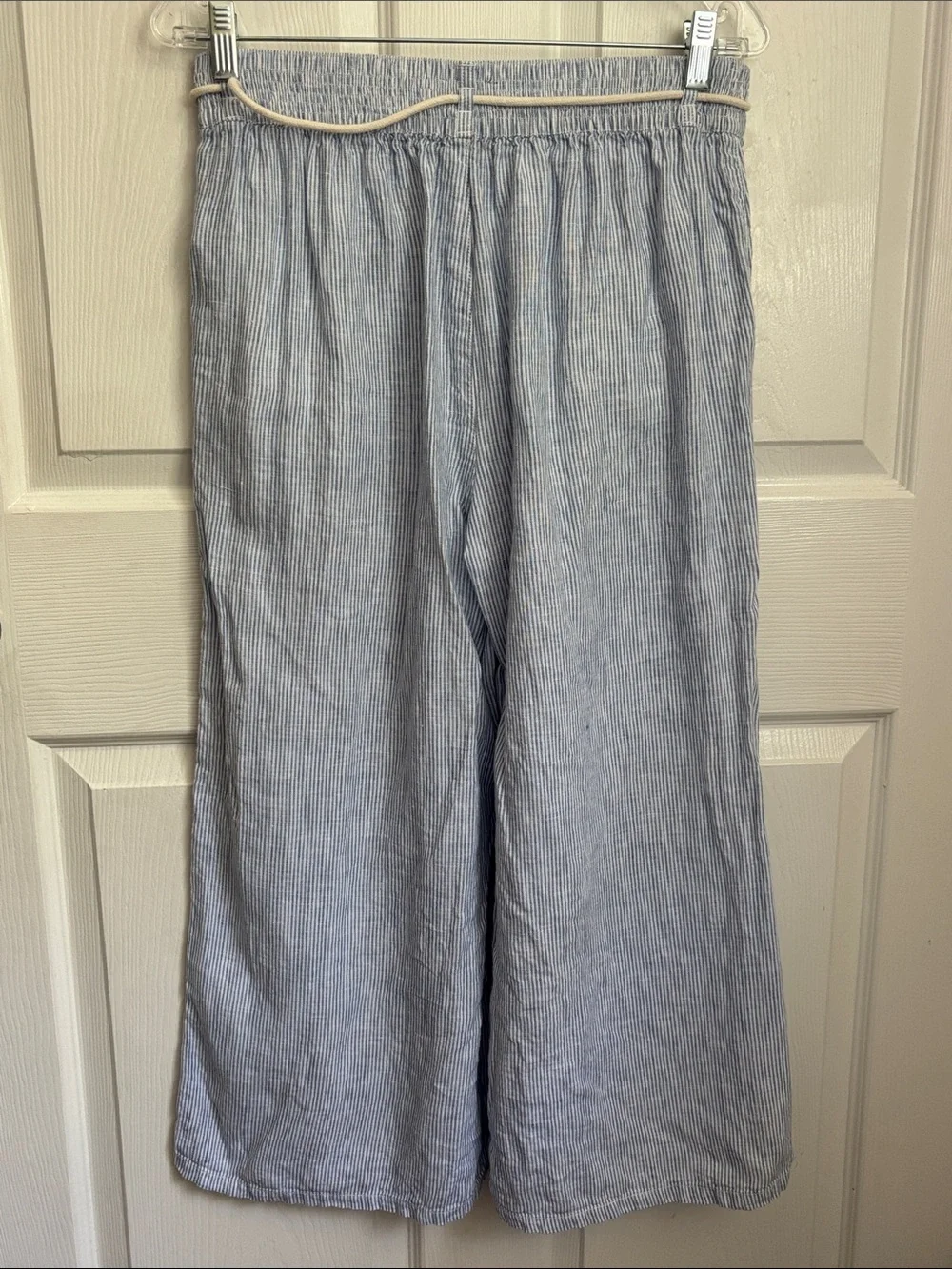 Tahari wide Leg Linen Blue and White Pinstripe Drawstring Pants Sz Medium beach